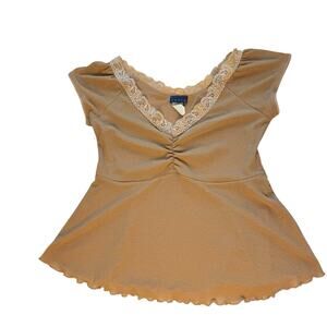 Vintage Y2K Babydoll Top Women's M Tan Cap Sleeve Coquette Festival Lace Dainty